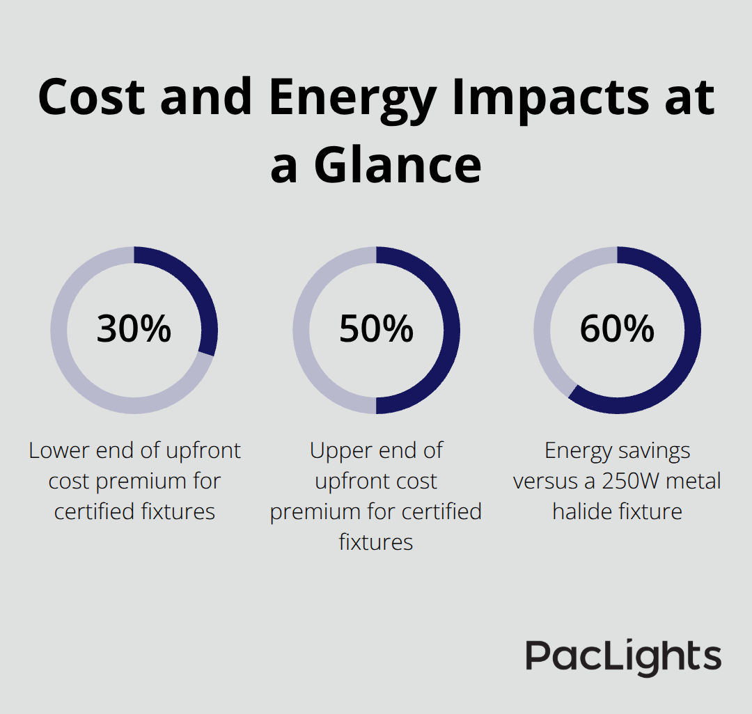 Percentage comparison of upfront costs and energy savings for NSF-certified lighting