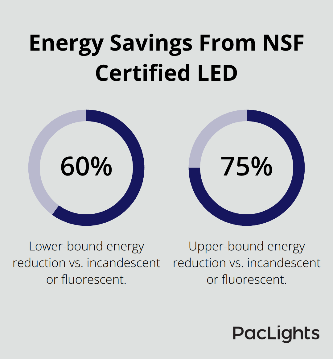 Chart showing NSF certified LED fixtures use 60% to 75% less energy than incandescent or fluorescent lighting. - nsf certified lighting options