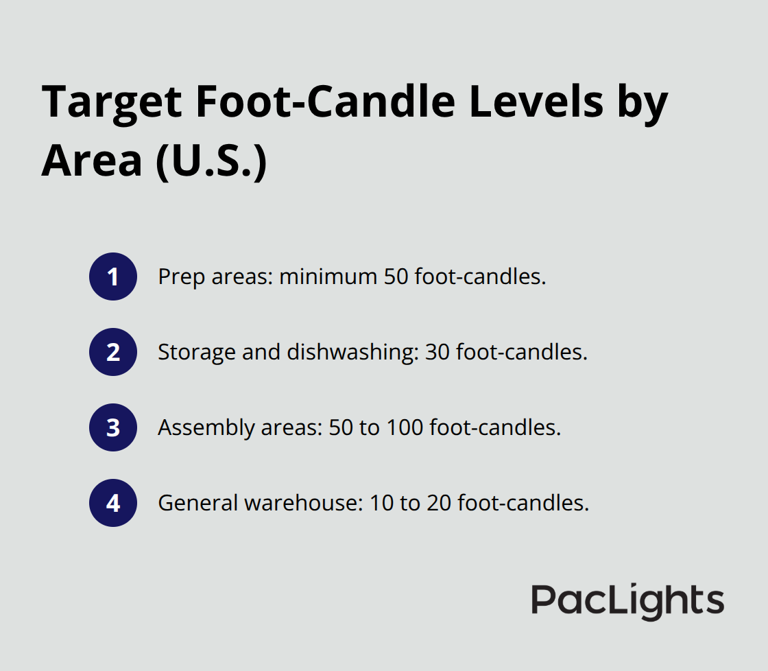 Compact list of recommended foot-candle targets for key facility areas.