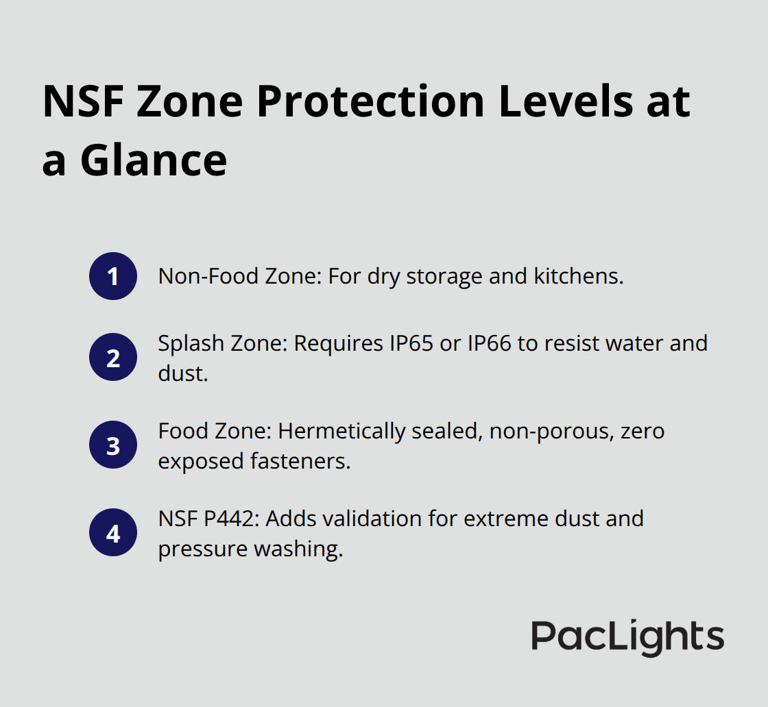Compact list summarizing NSF zone protection levels and NSF P442 add-on validation. - nsf certified lights advantages