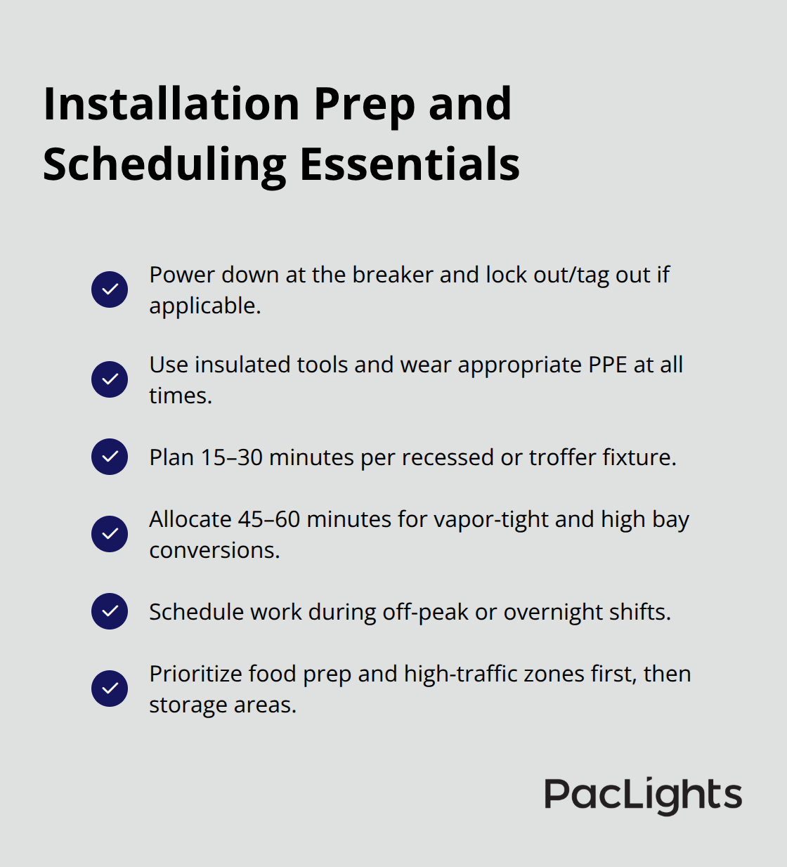 Checklist of steps to prepare a facility and schedule LED retrofit installations with minimal disruption. - nsf certified retrofit kits