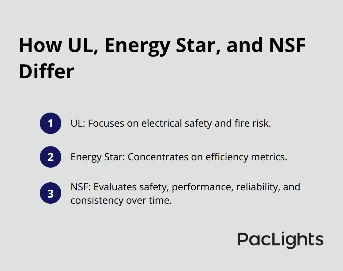 Compact comparison of UL safety focus, Energy Star efficiency focus, and NSF comprehensive evaluation. - nsf listed led fixtures