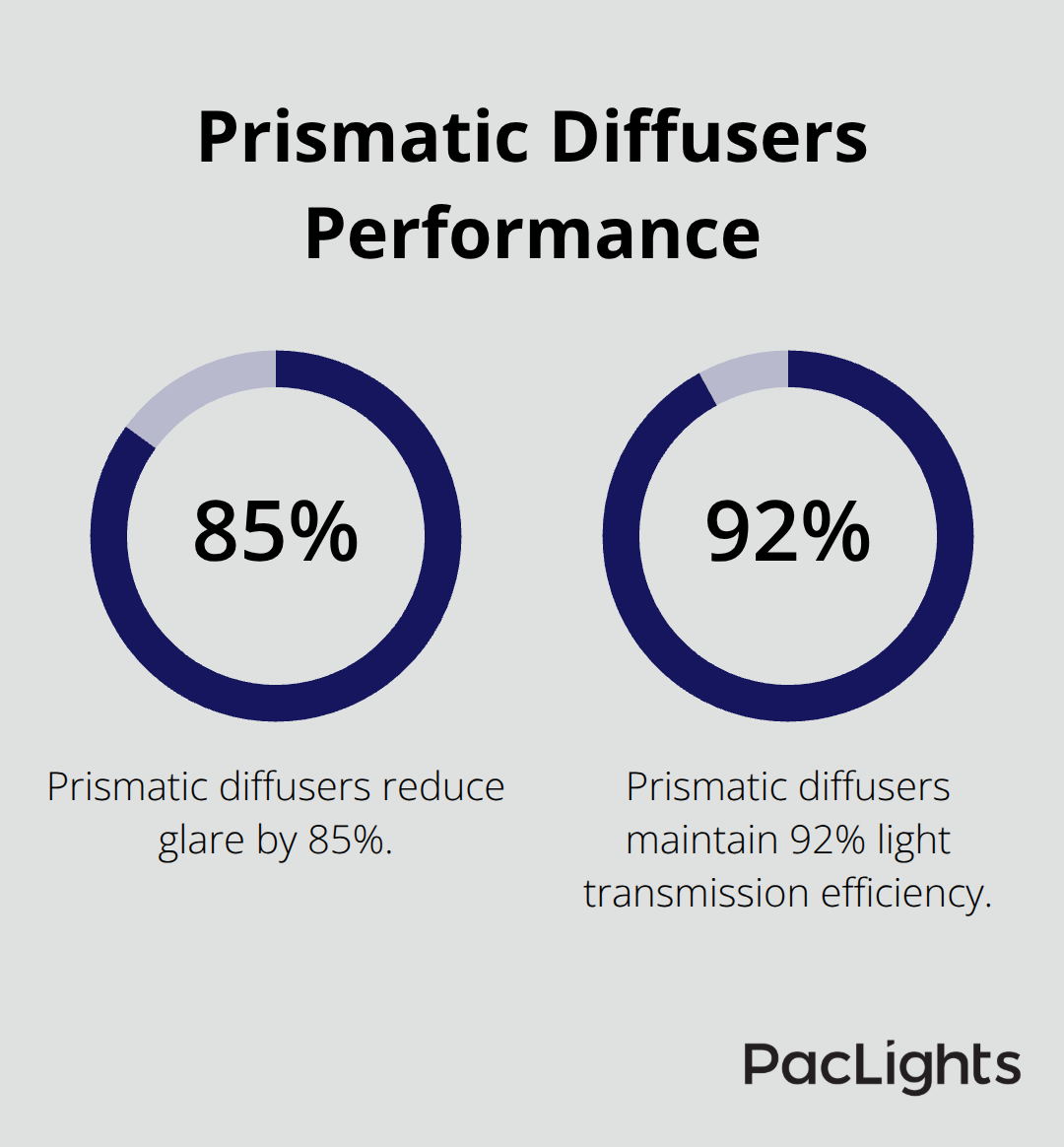 Bar chart showing prismatic diffusers reduce glare by 85% and maintain 92% light transmission efficiency