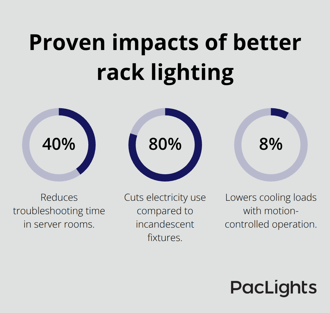 Chart showing 40% faster troubleshooting, 80% lower electricity use, and 8% lower cooling loads from improved rack lighting