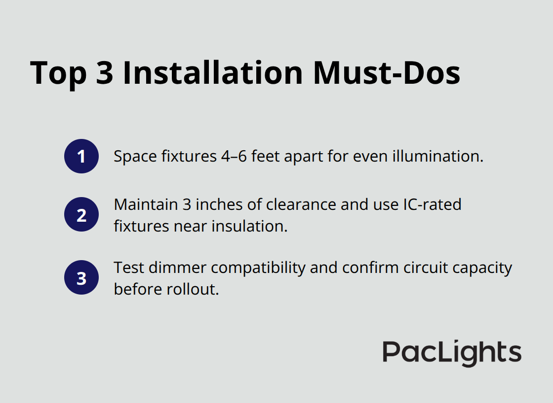 Compact ordered list of three essential installation practices. - recessed surface mount downlight