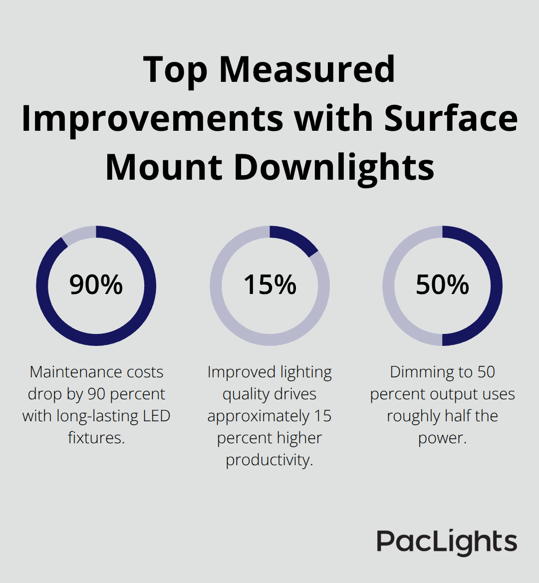Chart showing 90% maintenance savings, 15% productivity gain, and 50% power use at half output - reliable surface mount downlight