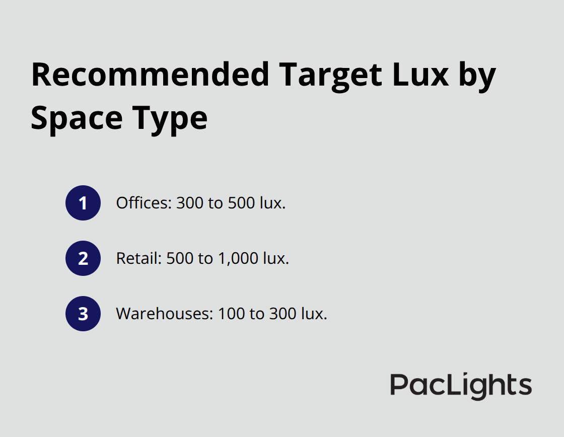 Target illuminance ranges for offices, retail, and warehouses.