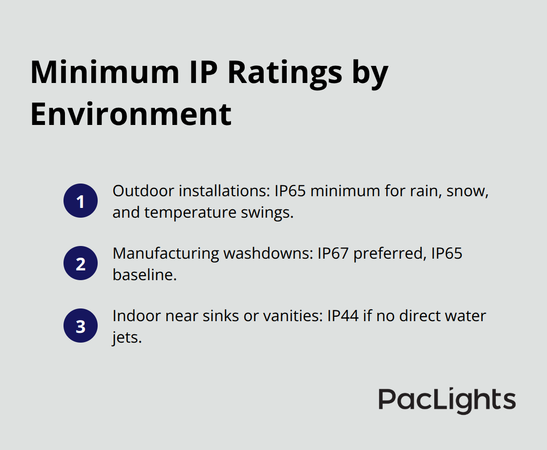 Quick guide to minimum IP ratings for common environments in the United States.