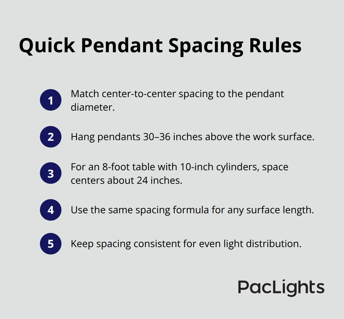 Compact list showing simple rules for spacing and hanging transparent cylinder pendants.