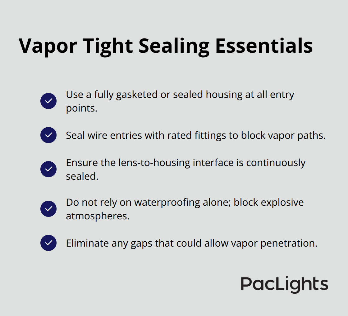 Checklist of sealing features that distinguish vapor tight fixtures for hazardous locations - vapor tight fixture rating