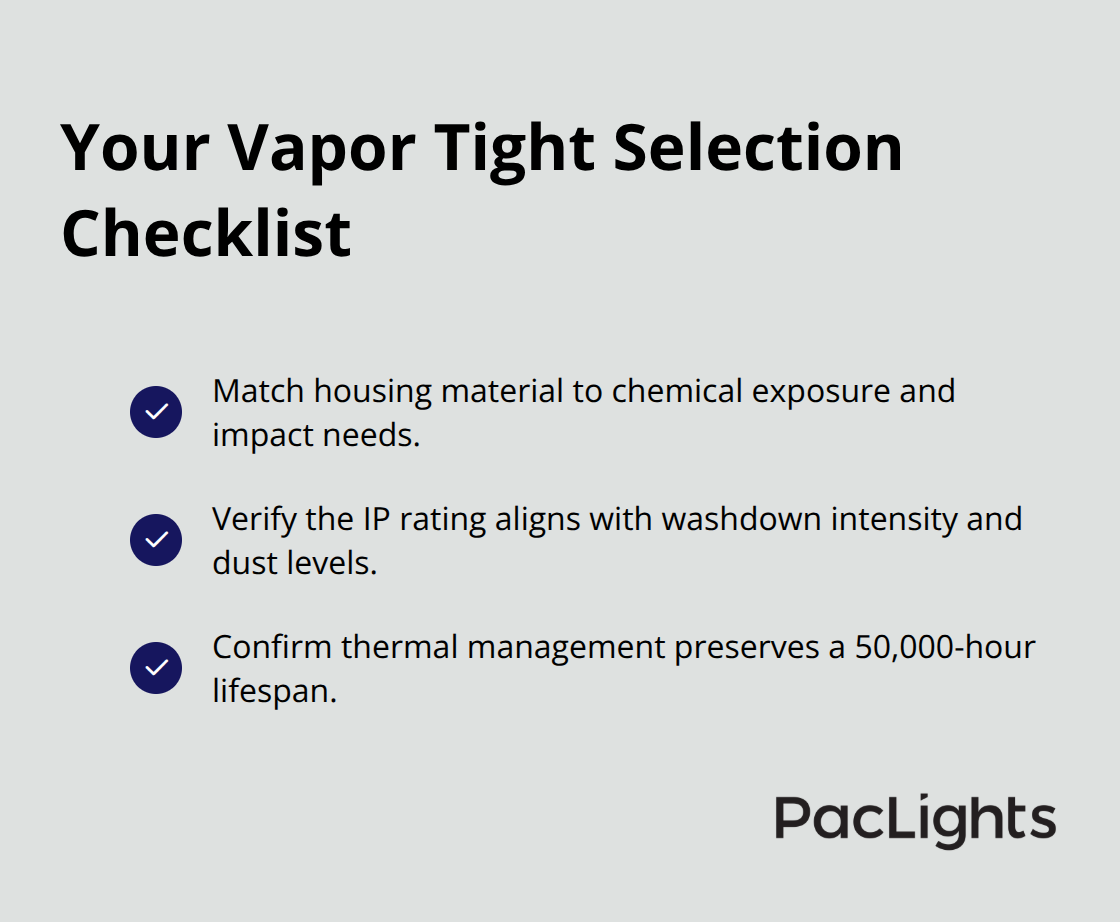 Checklist of three steps to choose vapor tight LED housings for U.S. industrial facilities.
