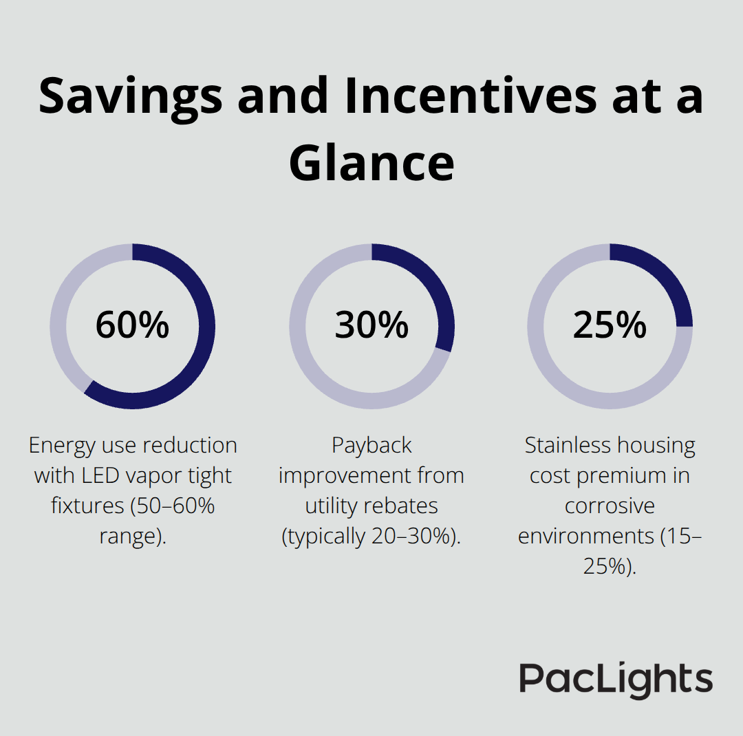 Percentage chart showing energy savings, payback improvement from rebates, and stainless material cost premium. - vapor tight lighting codes