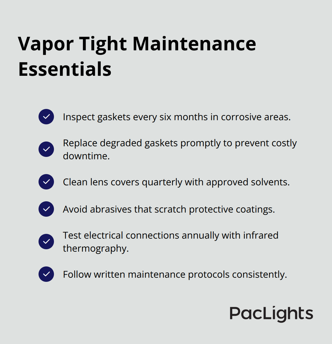 Checklist of maintenance steps and intervals to keep vapor tight fixtures reliable in U.S. hazardous locations.