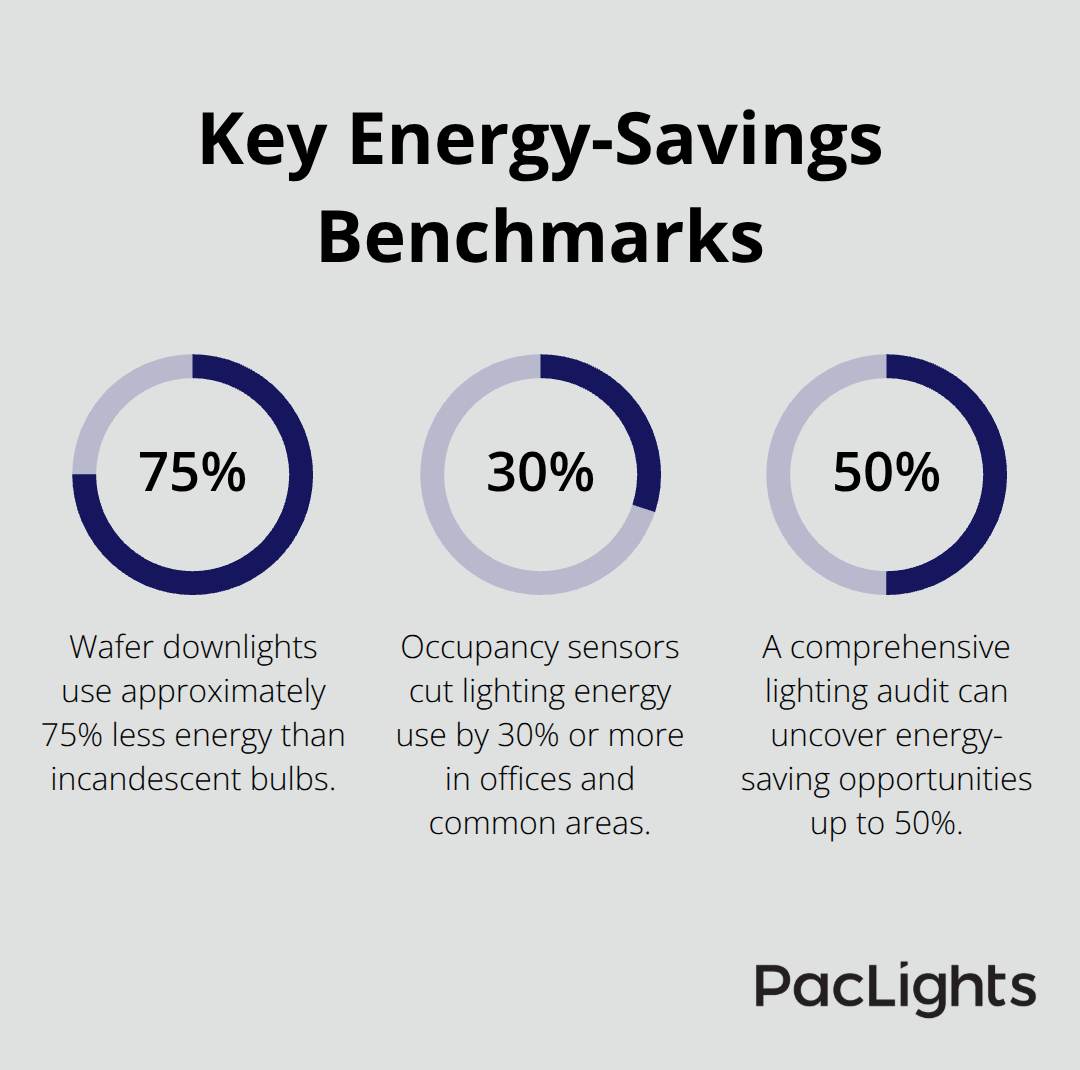 Percentages highlighting wafer downlight energy savings and controls impact - wafer downlight efficiency