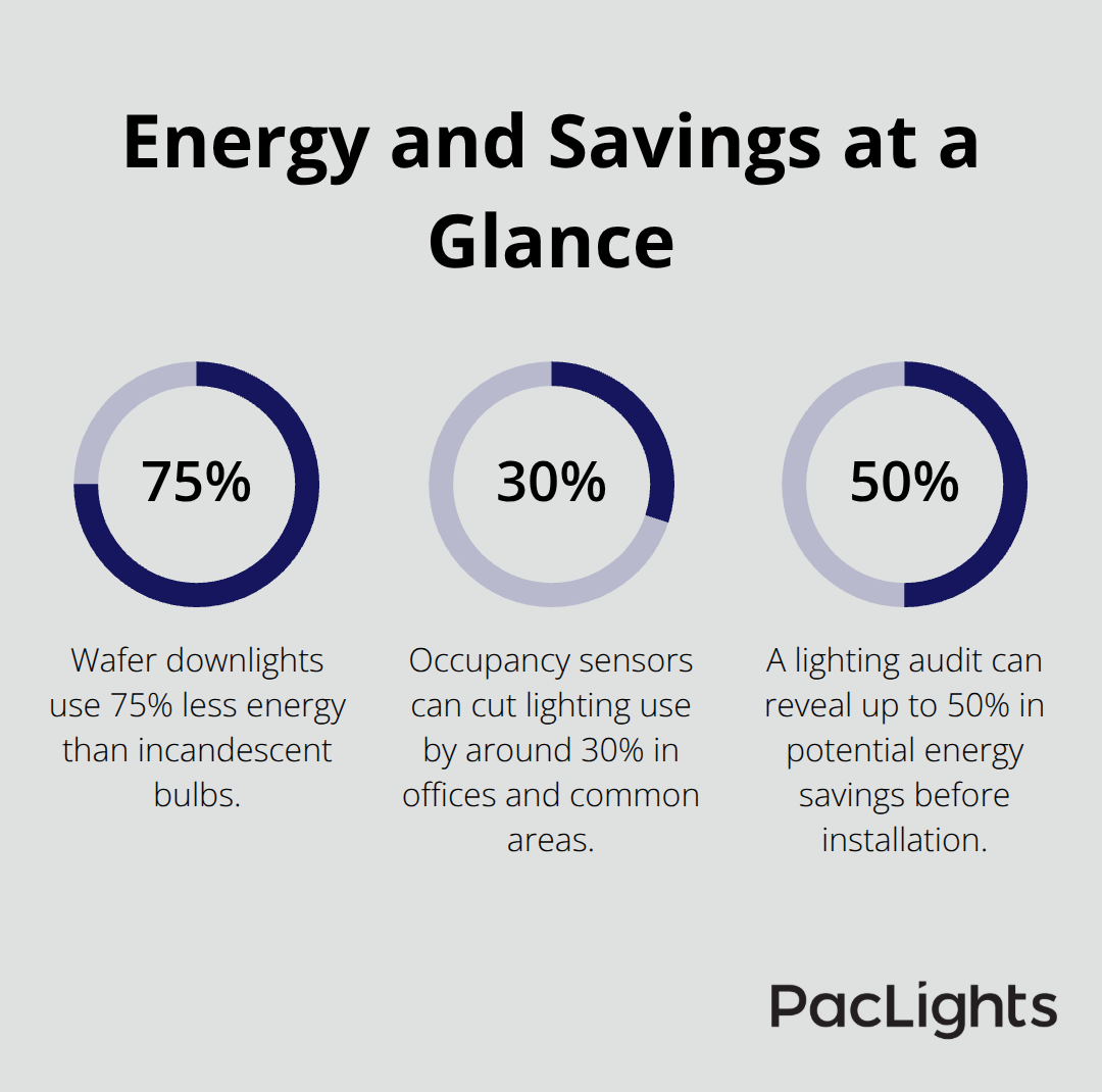 Percentages summarizing energy reduction from wafers, occupancy sensor savings, and audit potential.