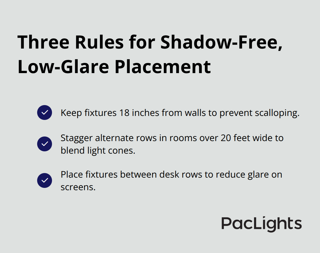 Checklist of the three essential wafer downlight placement rules to eliminate shadows and reduce glare in open plan offices.