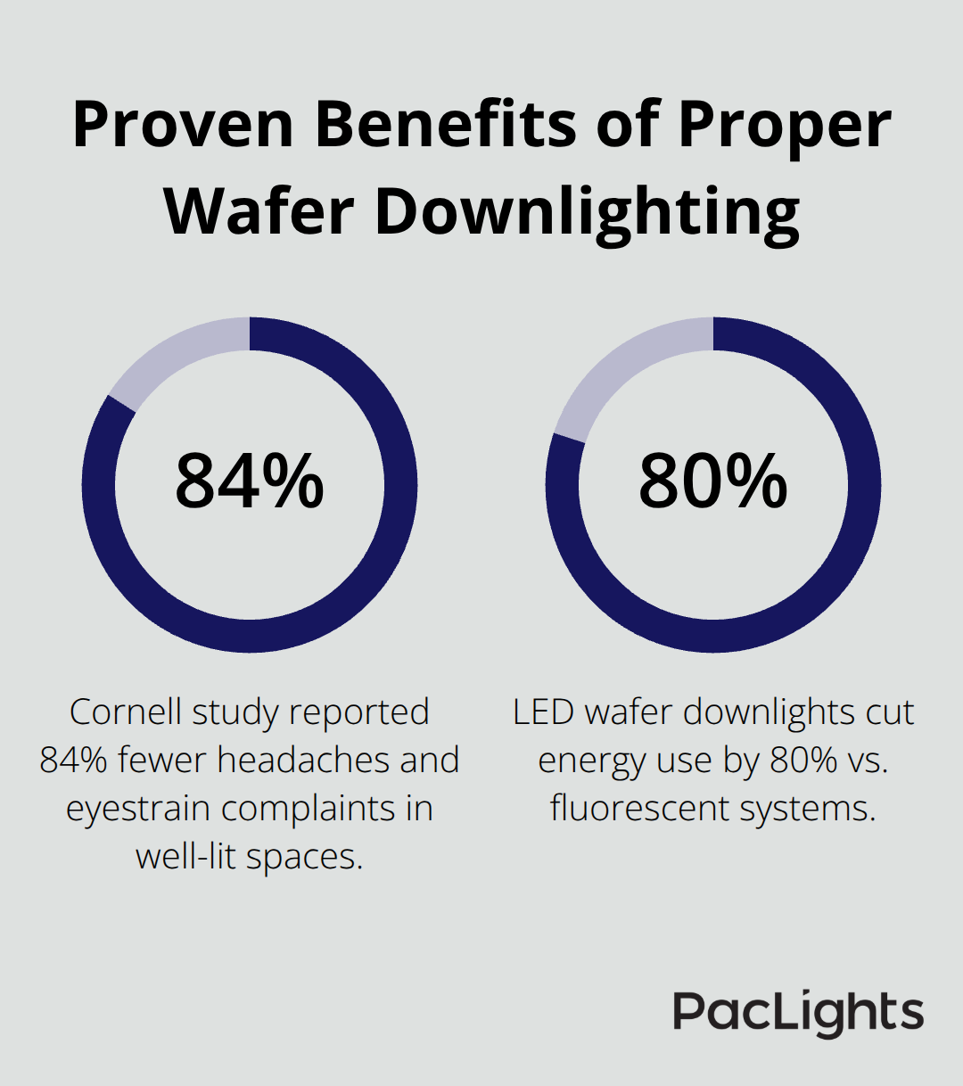 Percentage chart showing worker comfort improvements and energy savings with LED wafer downlights. - Wafer downlight spacing