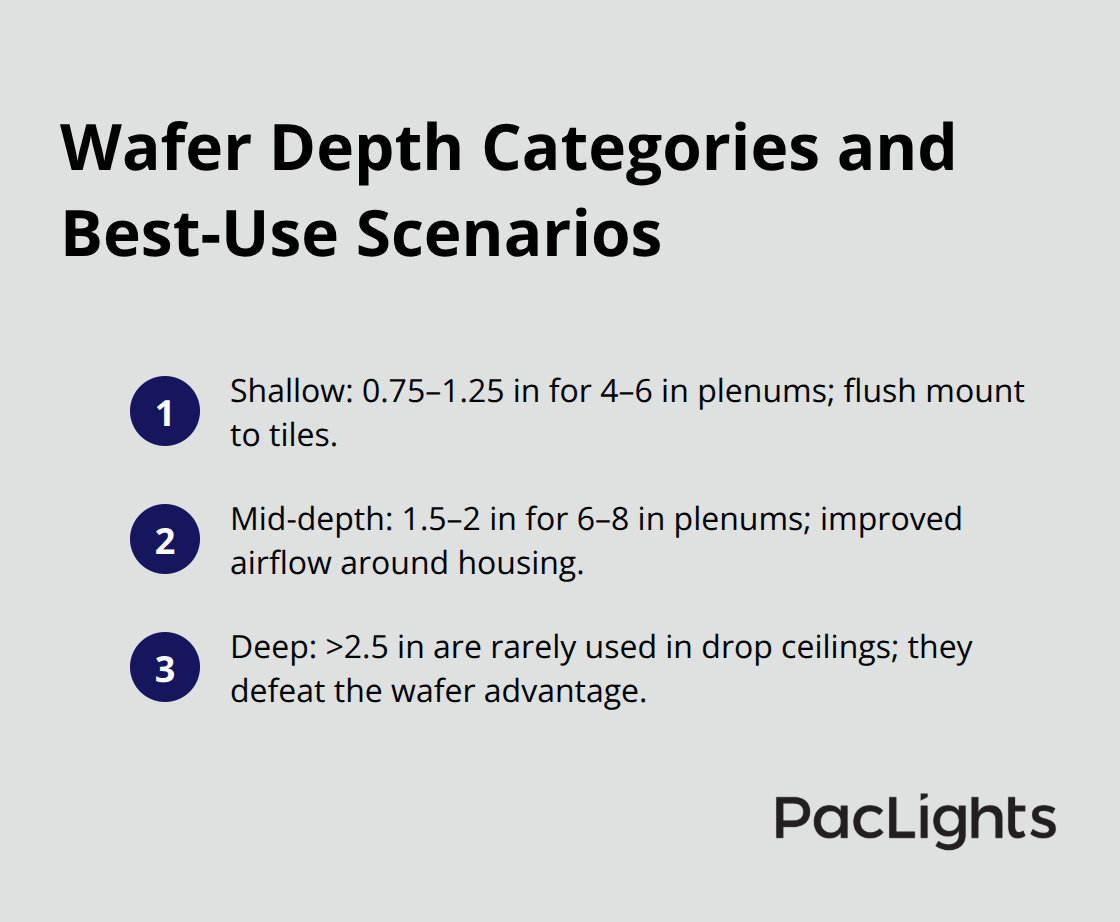 Three-item list summarizing shallow, mid-depth, and deep wafer downlights and where they fit