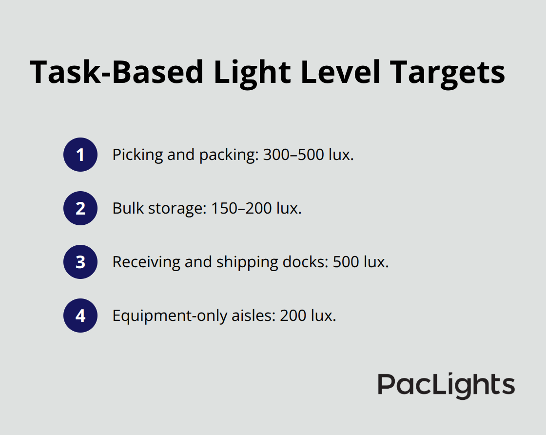 Ordered list of recommended lux levels by warehouse task area for U.S. facilities.