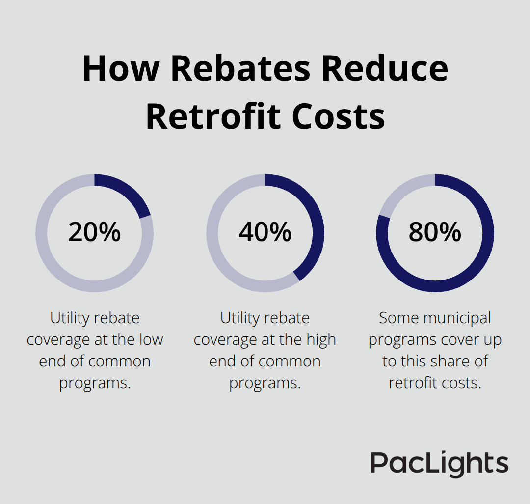 Chart showing utility rebates covering 20% to 40% of costs, with some municipal programs up to 80%. - warehouse lighting controls
