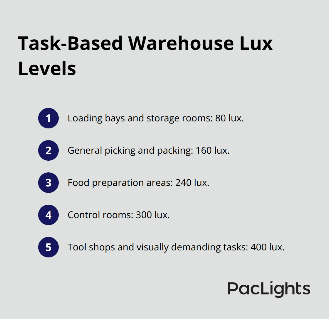 Recommended lux levels for common warehouse areas in the United States.