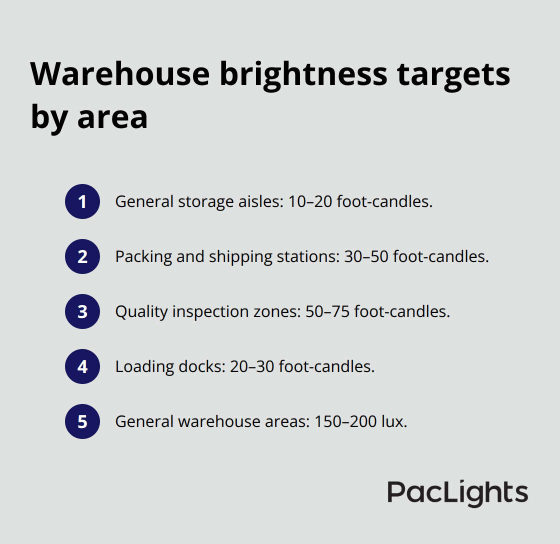 Compact list of foot-candle and lux targets for common warehouse zones. - Warehouse lighting design tips
