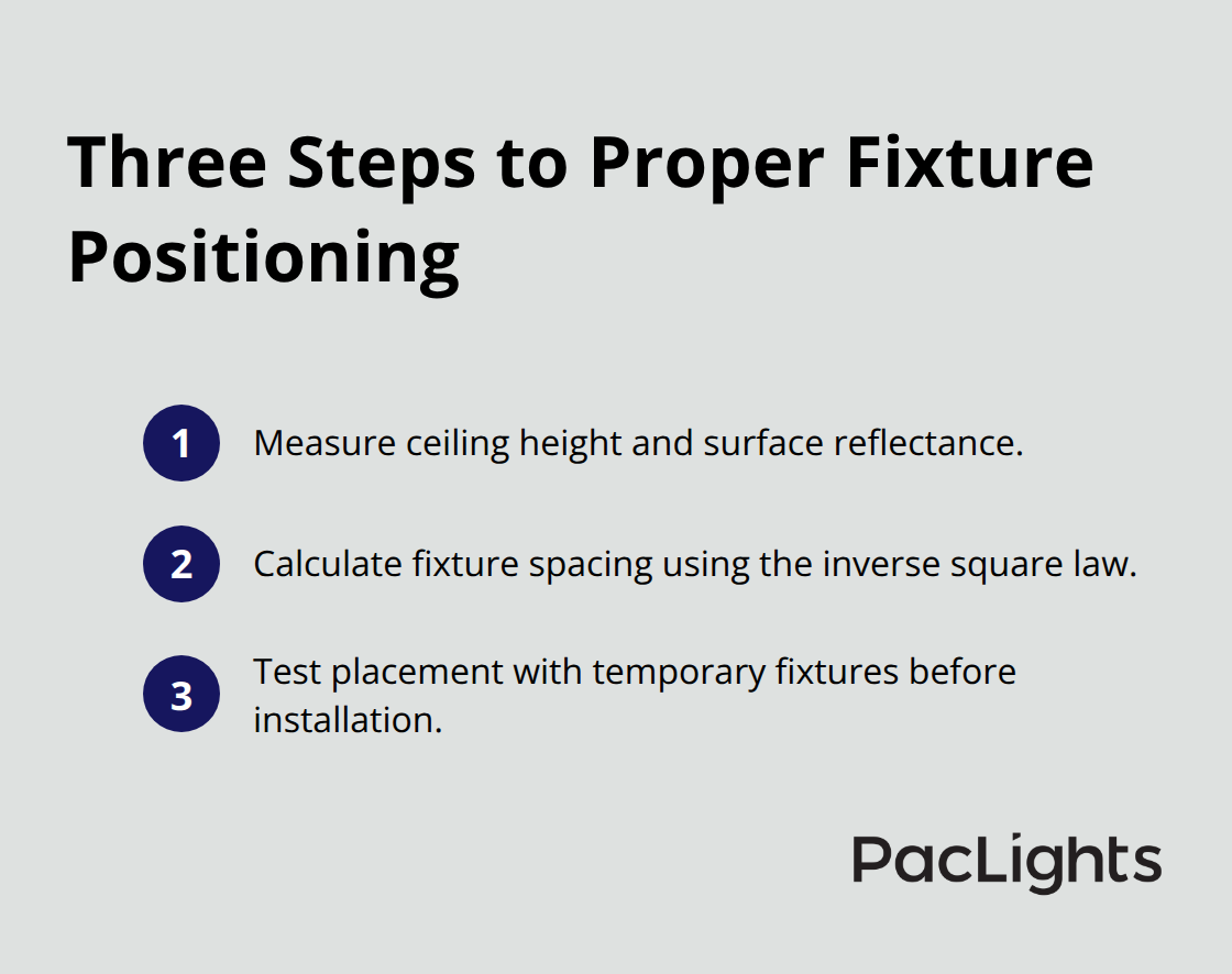 Compact ordered list of three concrete steps to position warehouse fixtures correctly. - warehouse lighting layout tips