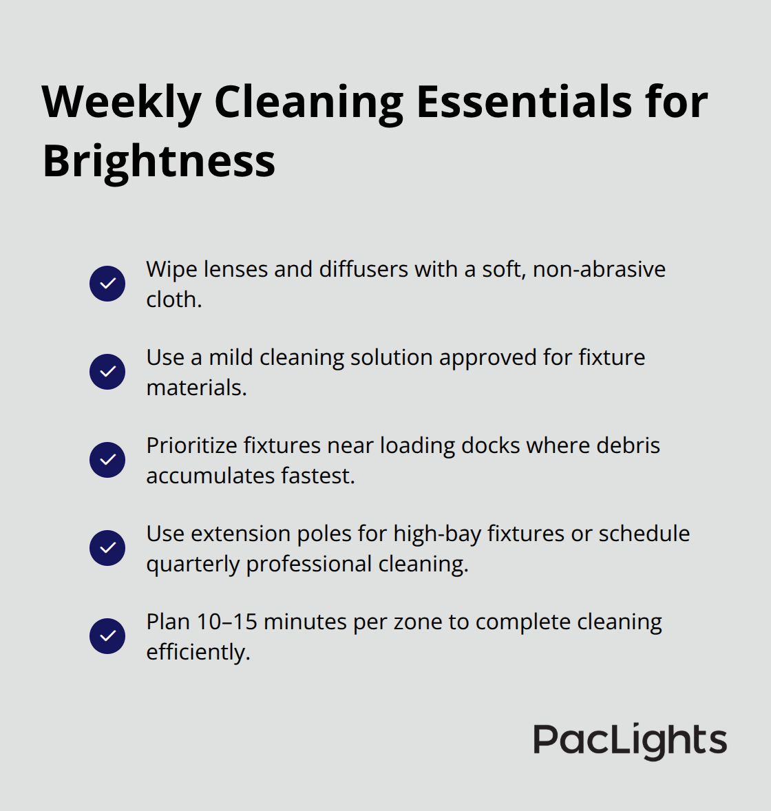 Checklist of weekly lens and diffuser cleaning actions to maintain warehouse lighting output - Warehouse lighting maintenance checklist
