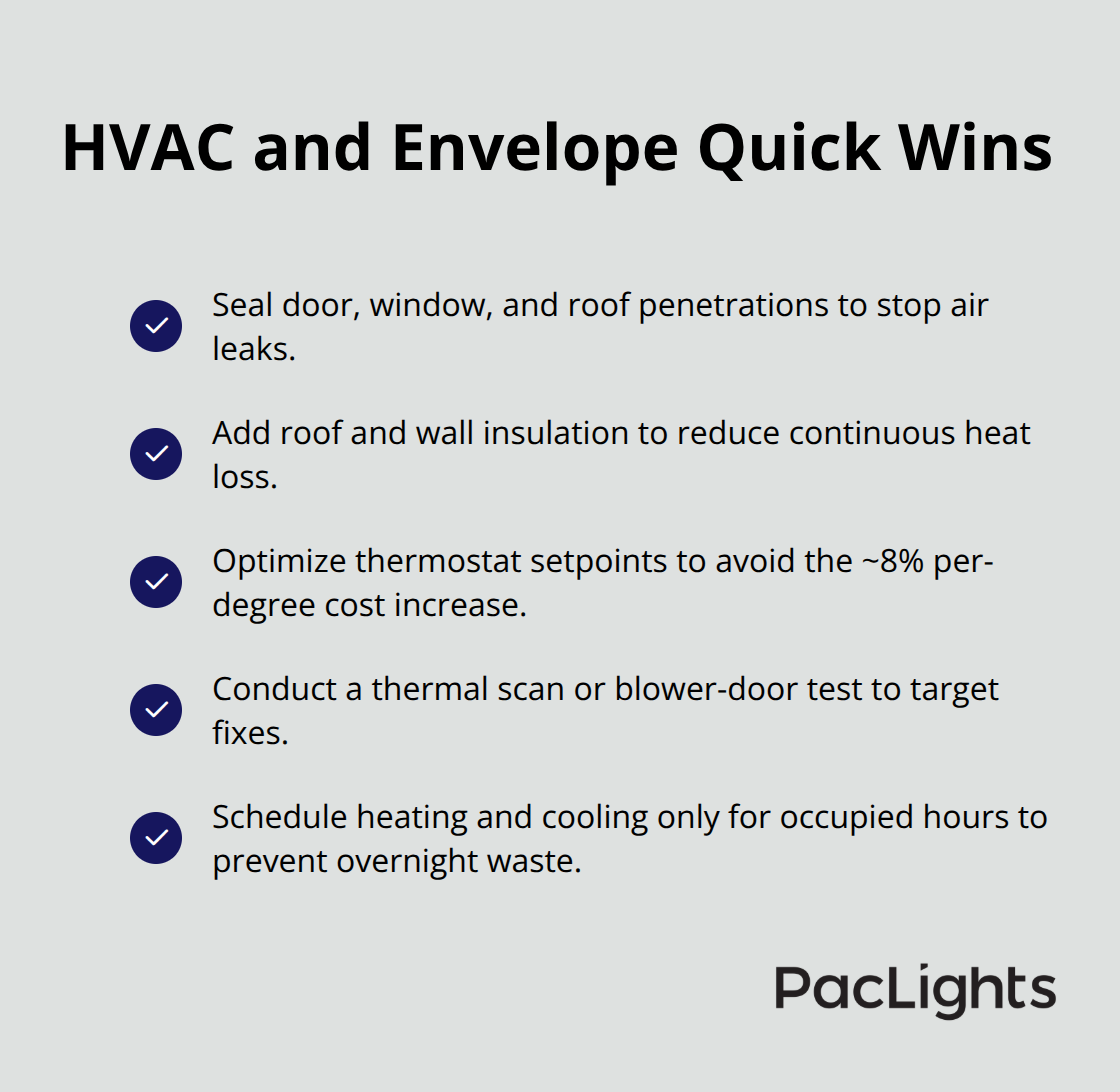Checklist of HVAC and building envelope actions that quickly reduce warehouse energy use. - warehouse retrofit ideas