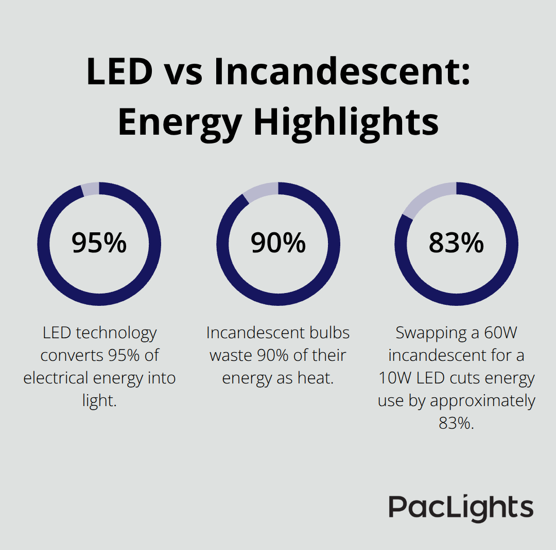 Key percentages comparing LED wrap lights to incandescent lighting efficiency - wrap light energy savings