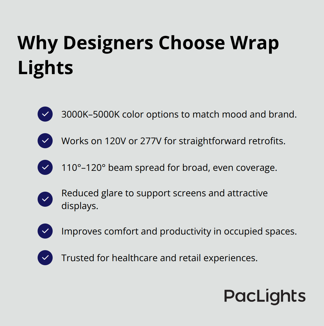 Checkmark list of wrap light benefits for designers and architects. - wrap lights design guide