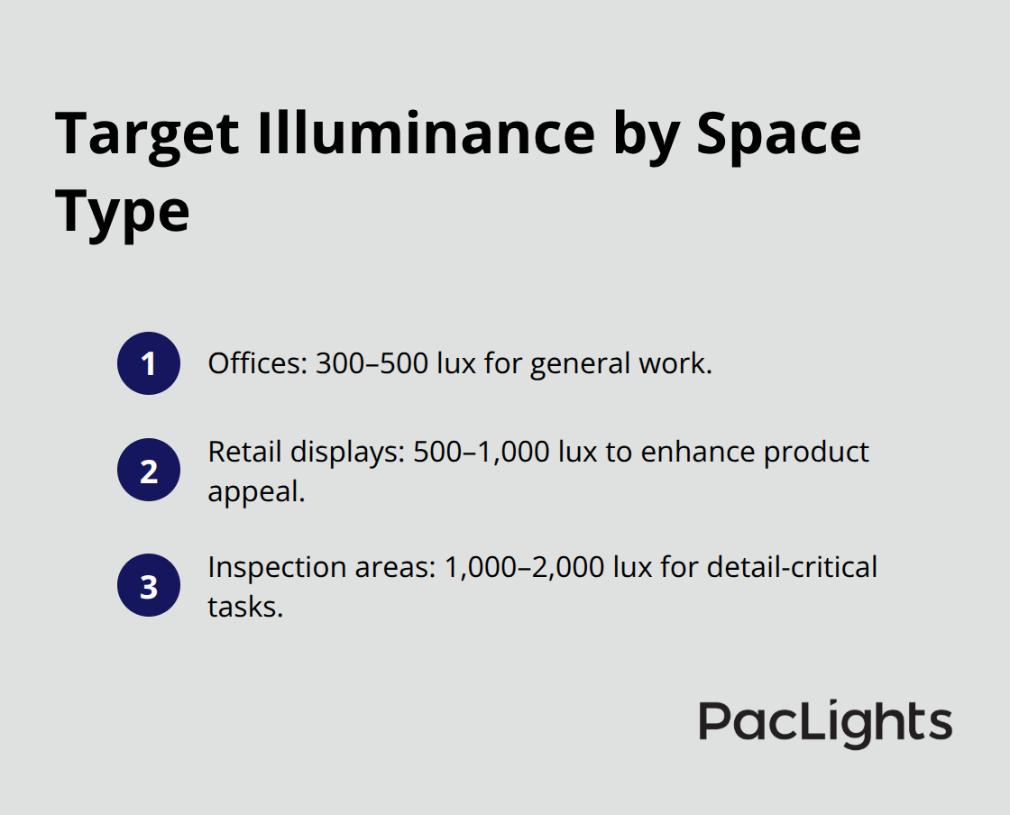 Compact ordered list showing recommended lux levels for offices, retail displays, and inspection areas.