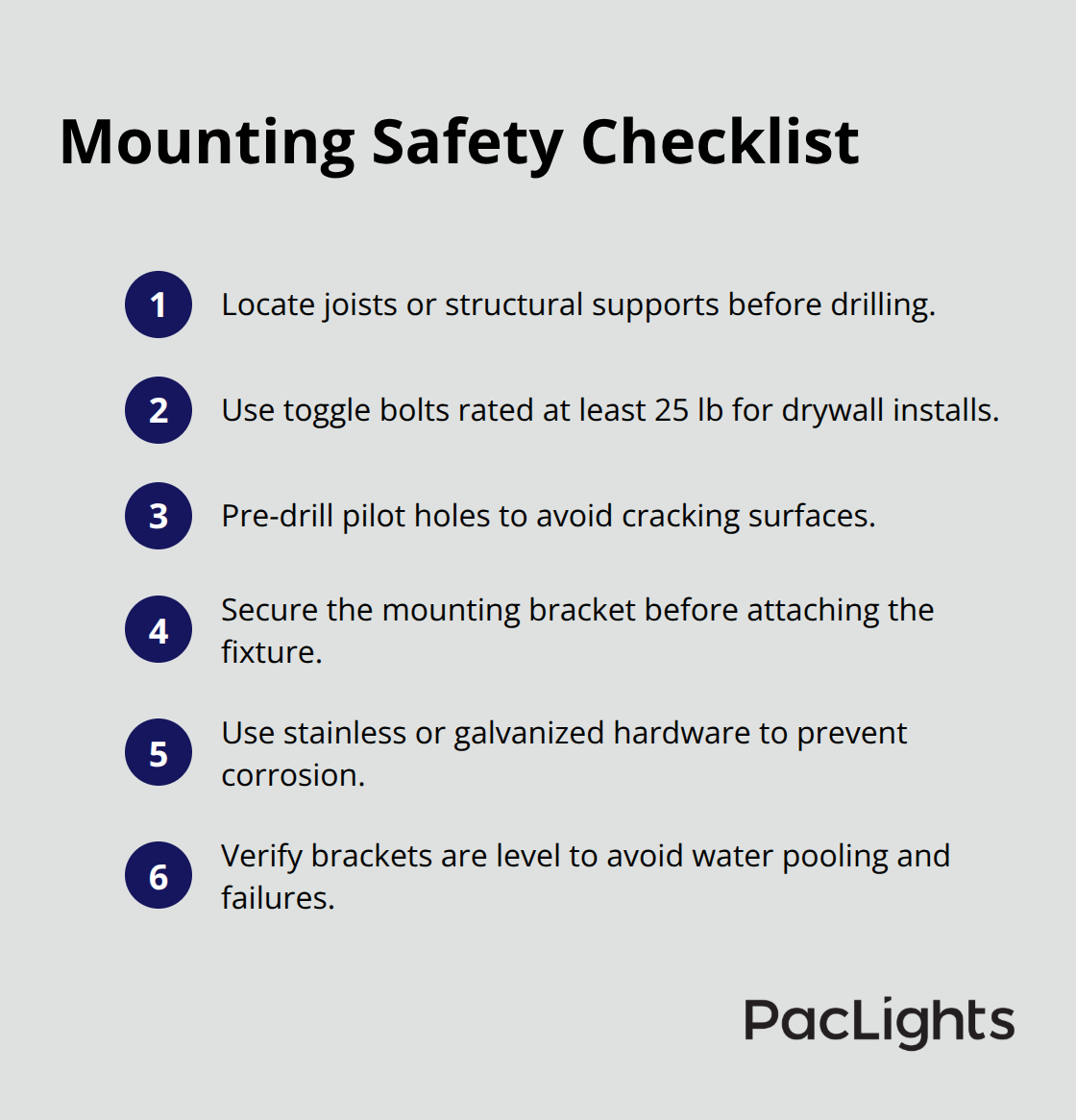 Compact checklist of safe mounting practices for wraparound fixtures - Wrap lights installation