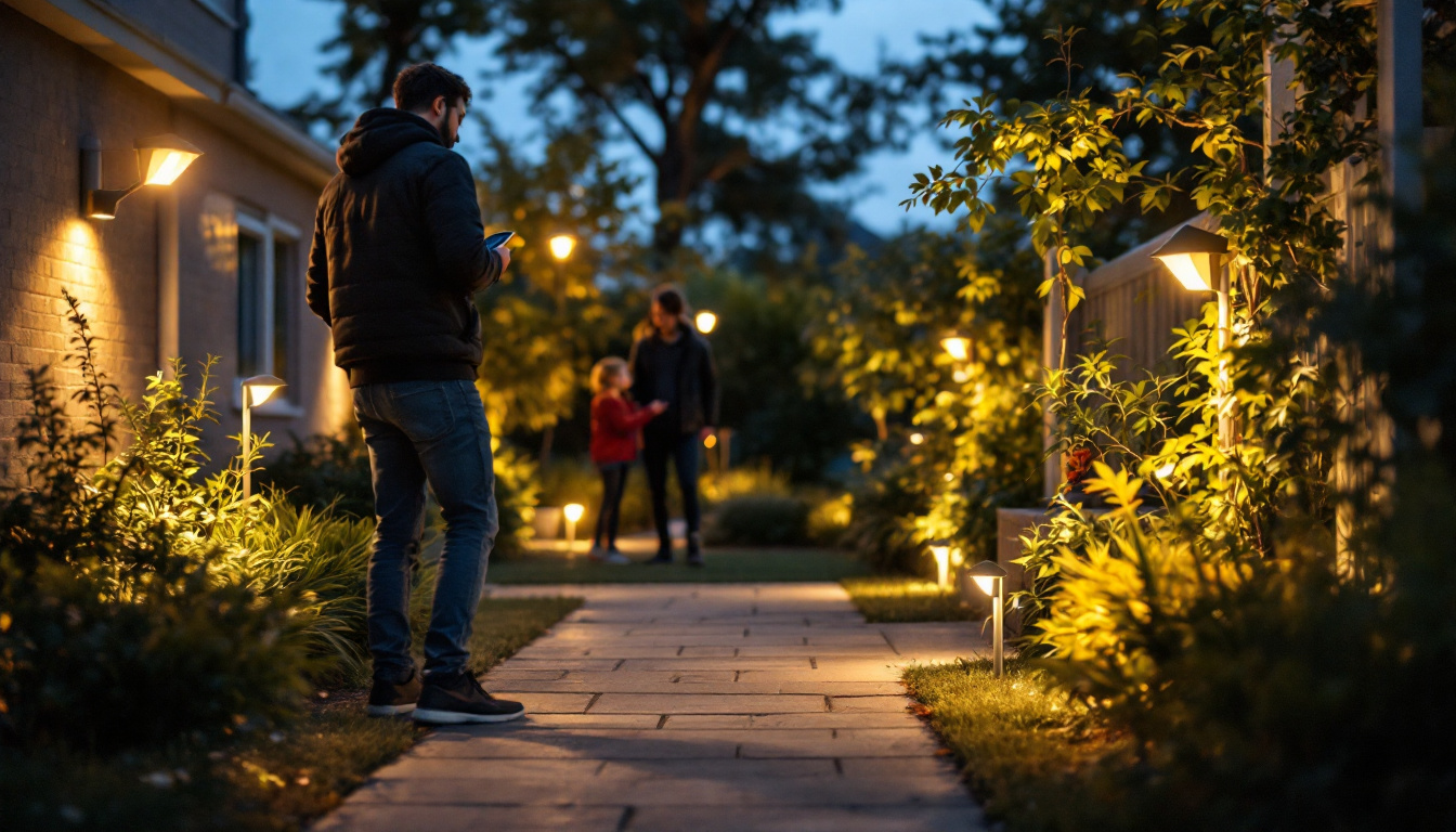A photograph of a well-lit outdoor setting featuring various motion detector sensor lights in action