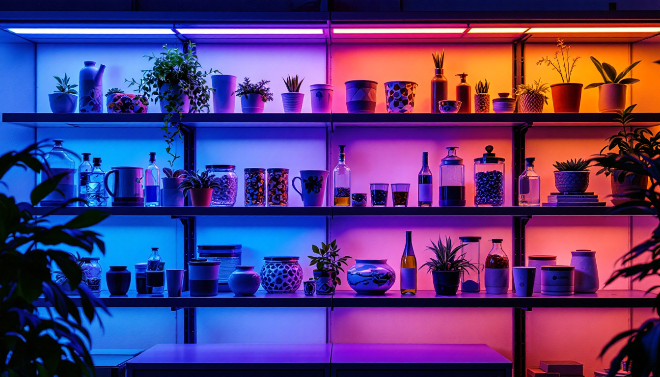 A photograph of a well-organized shelf illuminated by uv lights