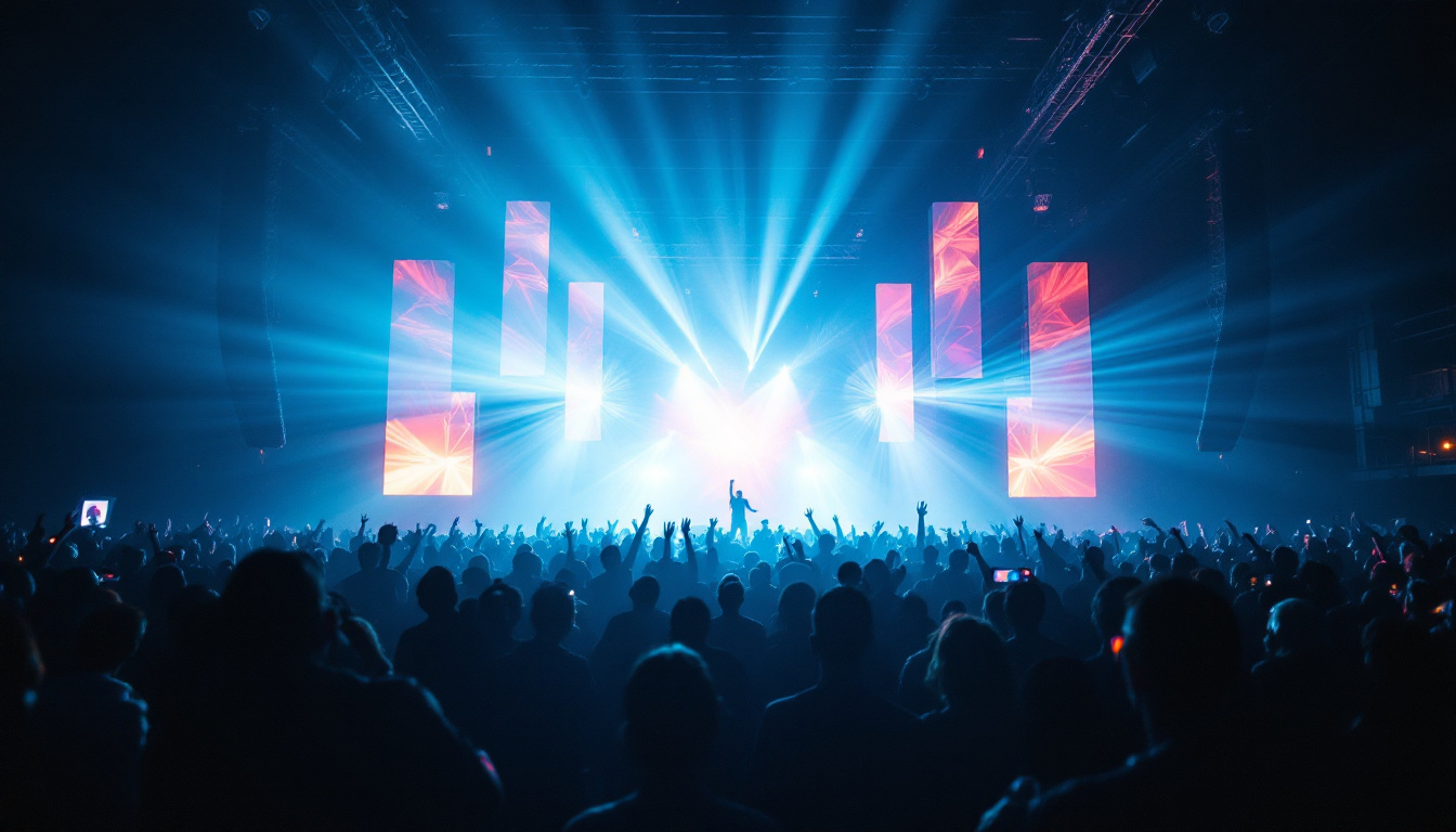 A photograph of a vibrant concert scene showcasing dynamic lighting effects that highlight the energy of the performance
