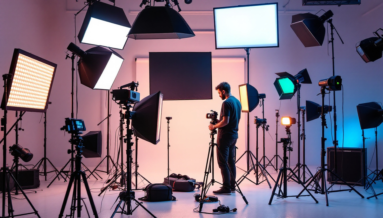 A photograph of a diverse array of lighting setups on a film set