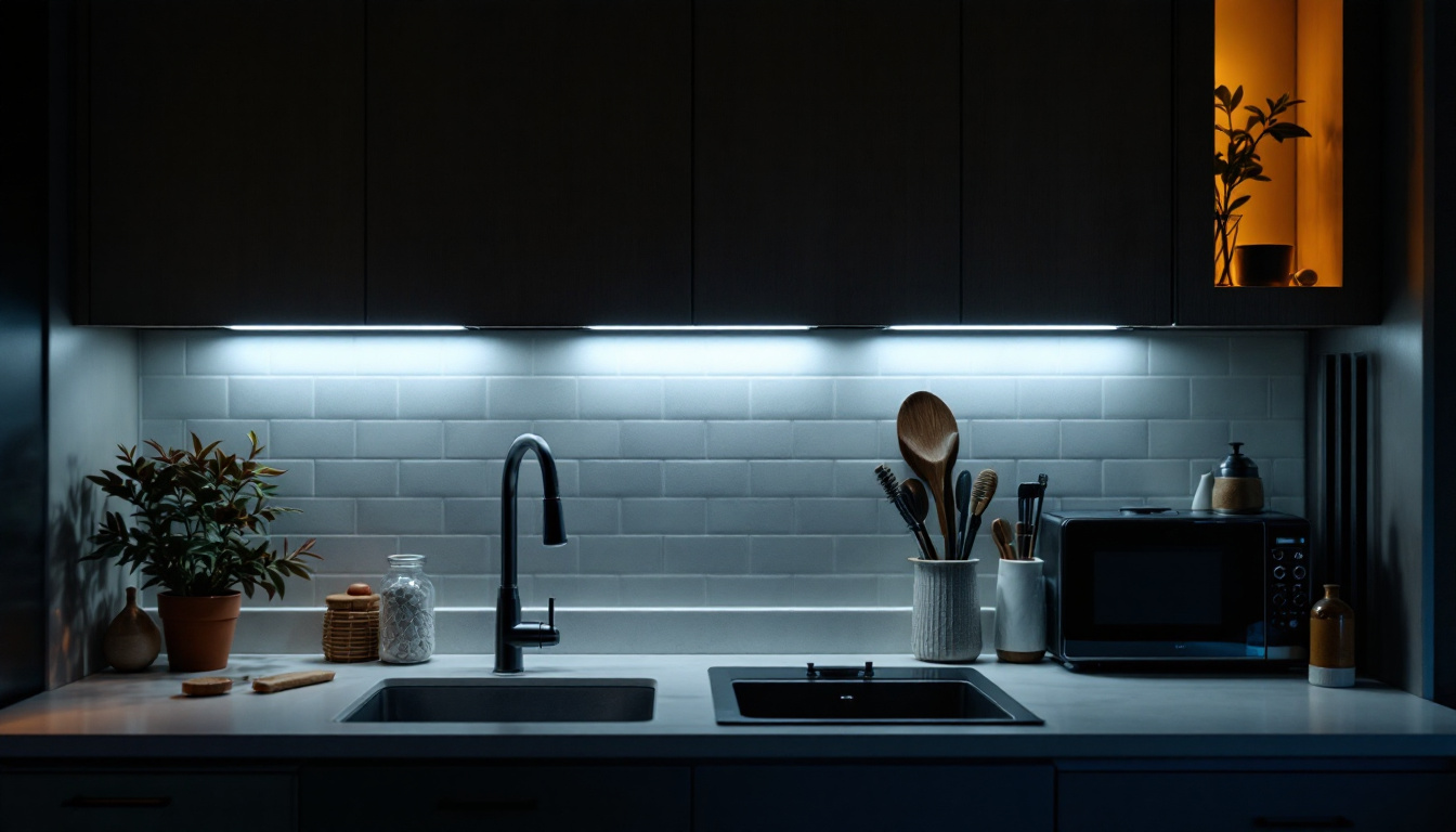 A photograph of a well-lit kitchen scene showcasing under cabinet lighting in action