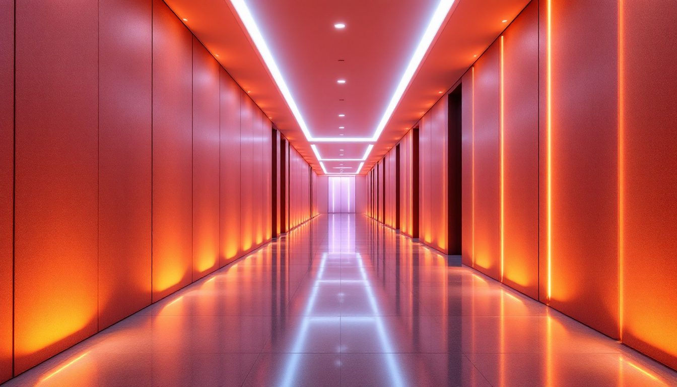 A photograph of a modern hallway illuminated by smart lighting