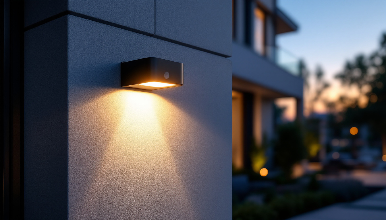A photograph of a modern exterior motion sensor light installed in a stylish outdoor setting