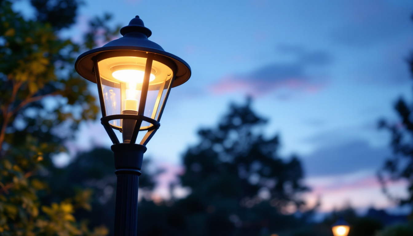 A photograph of a beautifully illuminated outdoor pole light at dusk