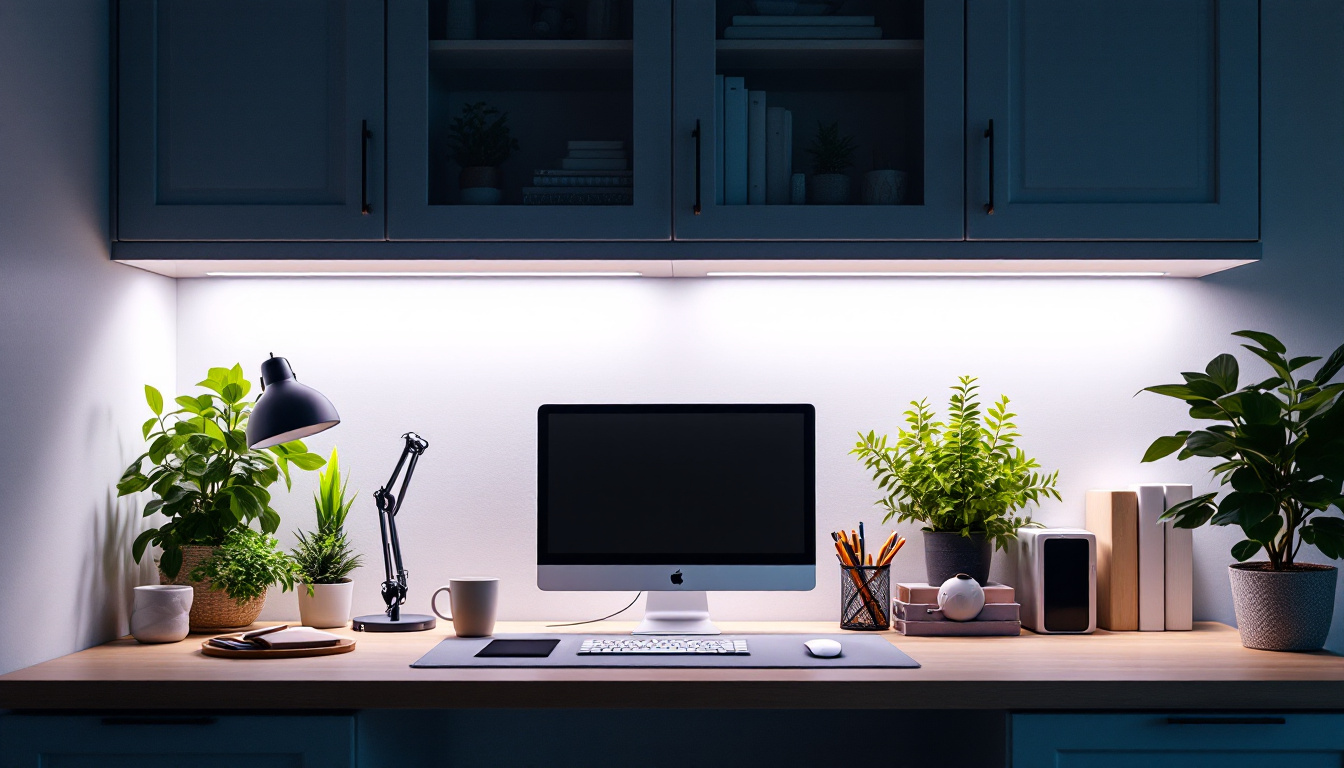 A photograph of a well-lit workspace featuring led under-cabinet lights illuminating a clean