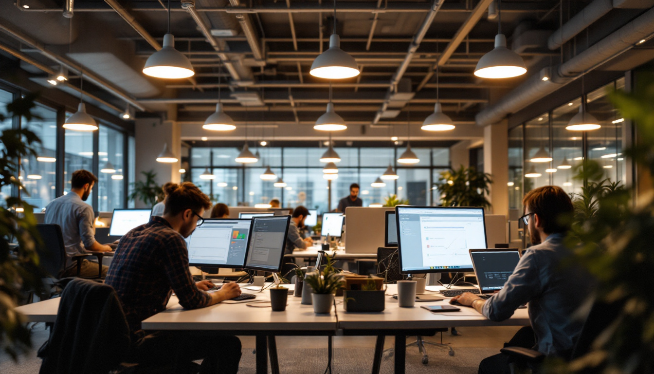 A photograph of a modern office environment illuminated by lotus led lighting