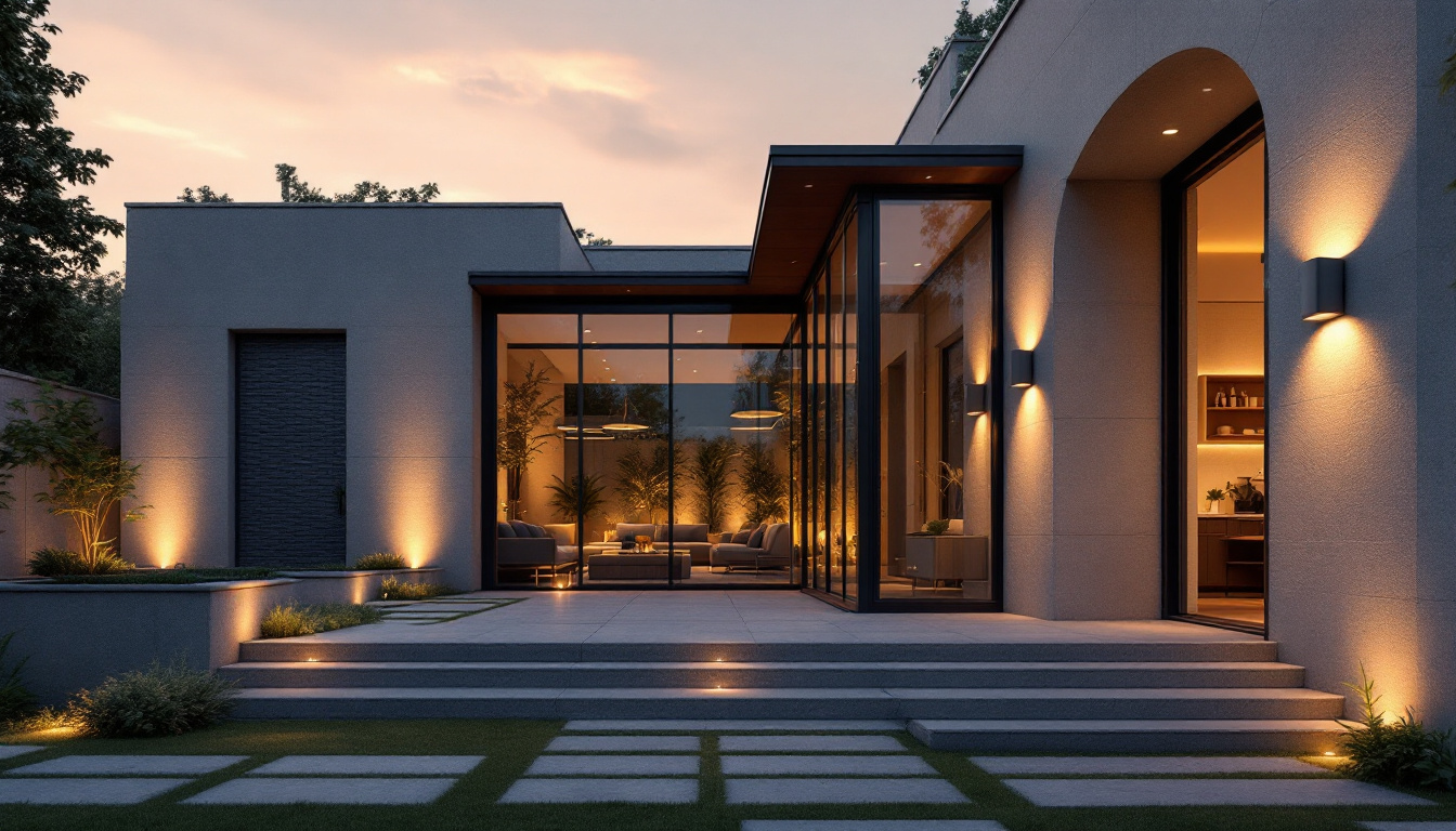 A photograph of a beautifully designed exterior space featuring modern recessed lighting fixtures