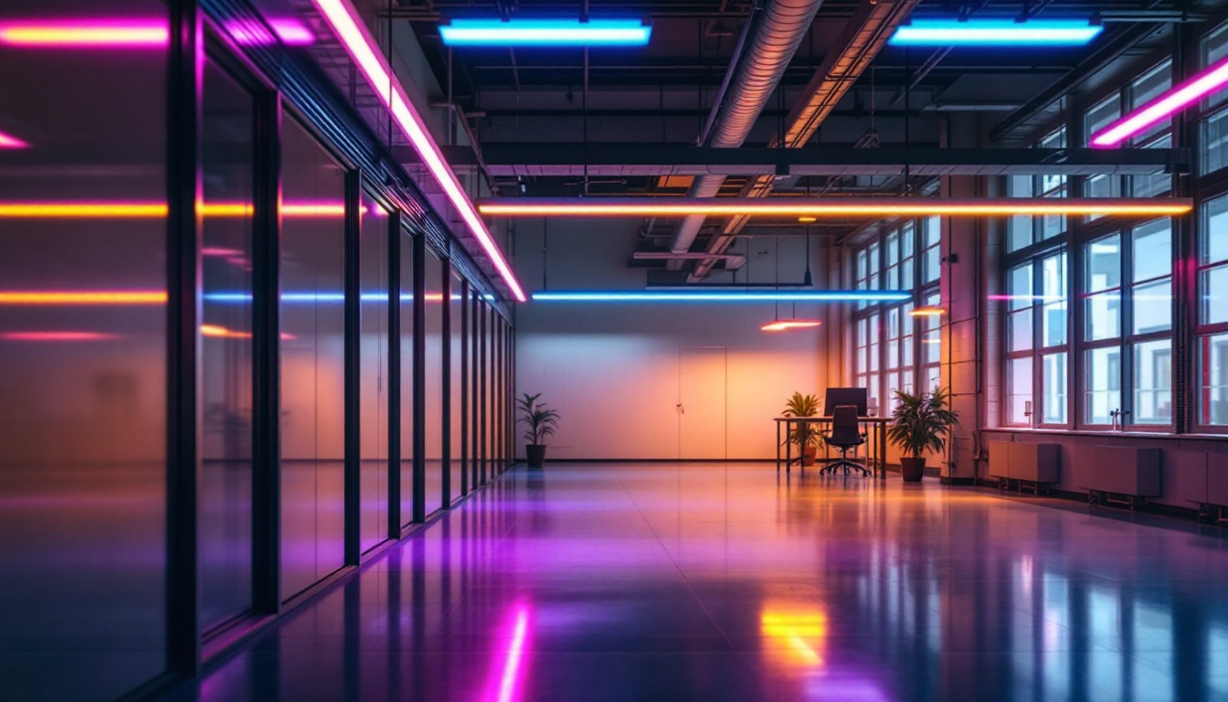 A photograph of capture a photograph of a modern industrial or commercial space illuminated by the ledcxteu-2-r-w lighting system