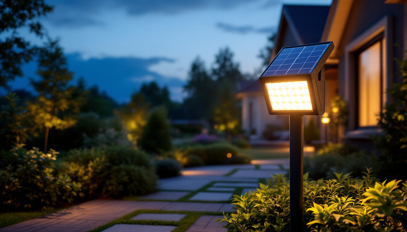 A photograph of a modern solar floodlight illuminating a beautifully landscaped outdoor space at dusk