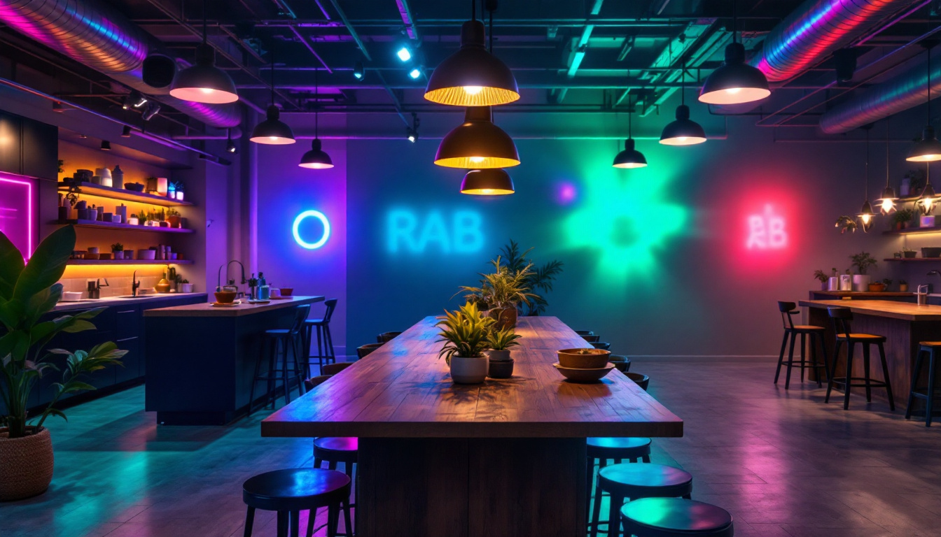 A photograph of a modern industrial or commercial space showcasing vibrant rab lighting in action