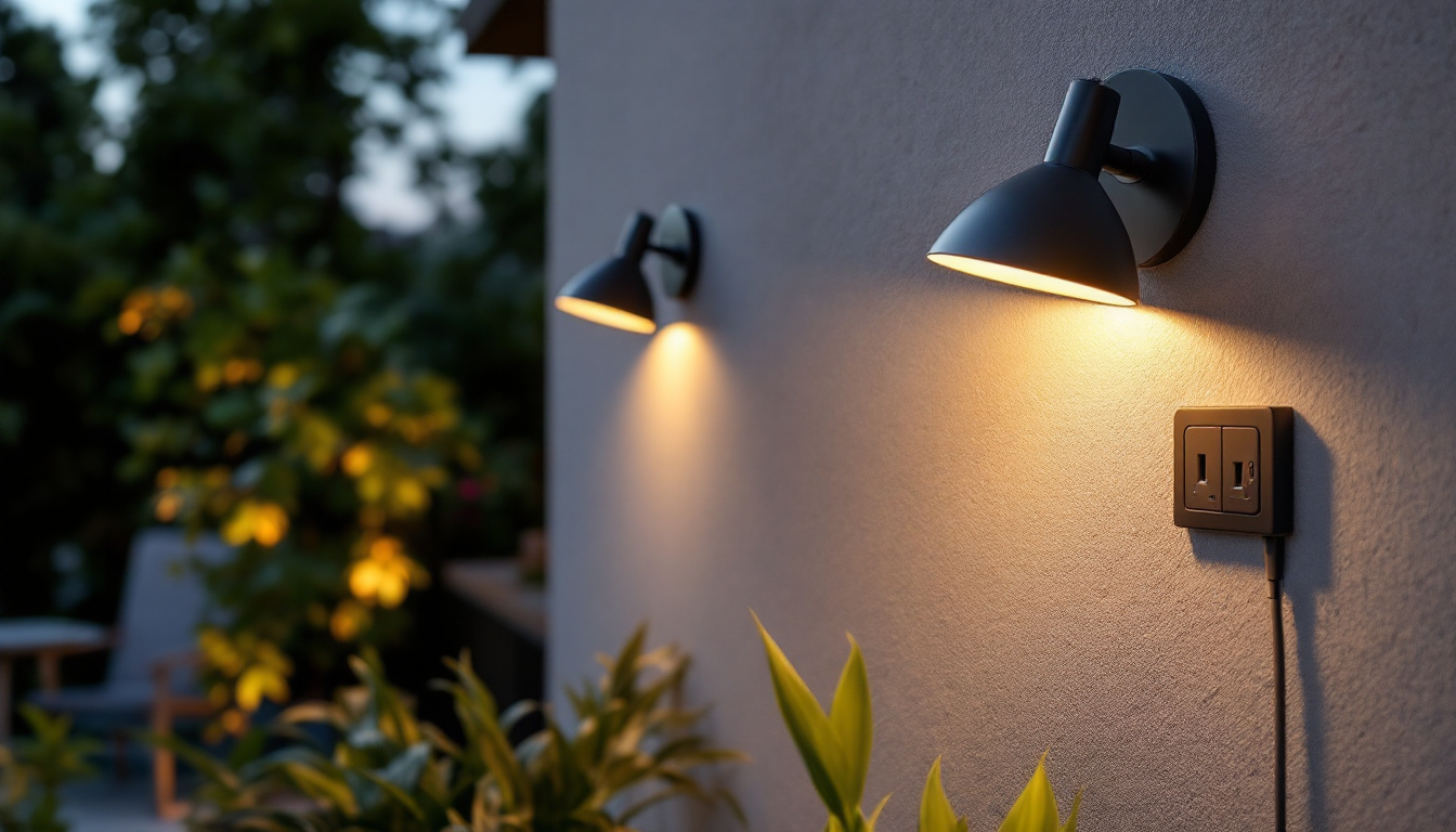 A photograph of a beautifully designed outdoor lighting setup featuring stylish fixtures with accessible outlets