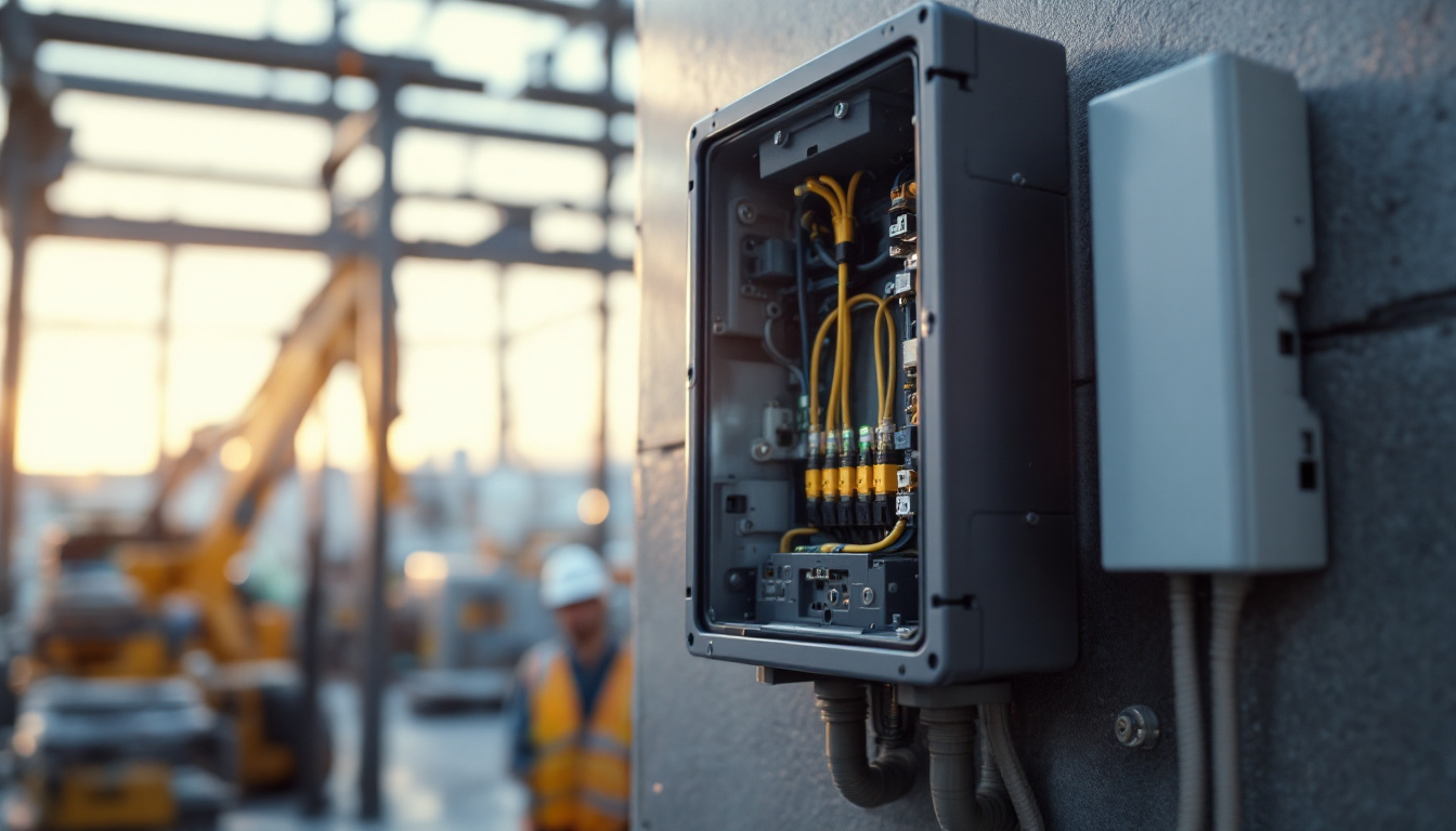 A photograph of capture a photograph of a modern exterior junction box installed in an industrial or commercial setting