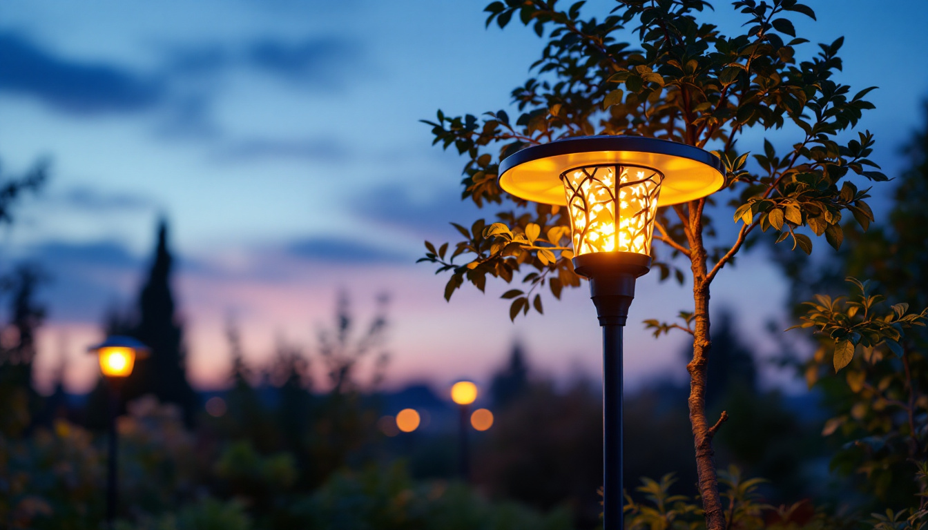 A photograph of capture a photograph of a beautifully illuminated solar tree spotlight in a garden setting at dusk